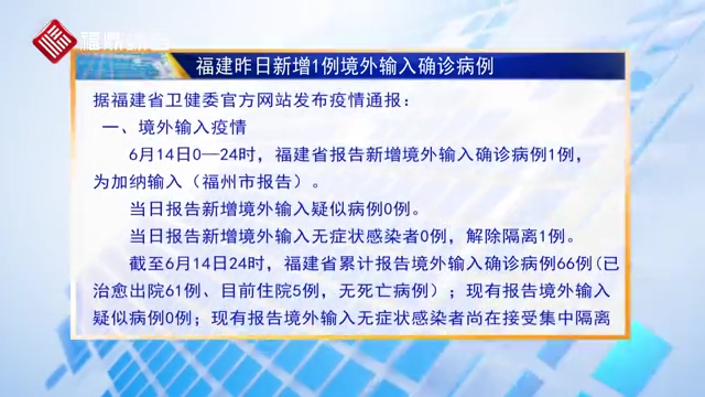 福建昨日新增1例境外輸入確診病例